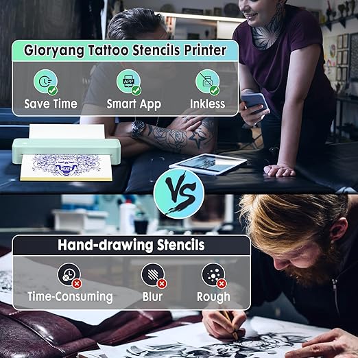 Wireless Tattoo Transfer Stencil Printer, Portable Thermal Tattoo Machine for Tattoo Beginners with 40pcs Stencil Paper, Compatible with Smartphone & PC, Rechargeable & Inkless, Light Green