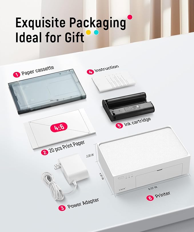 Liene M100 4x6'' Photo Printer, Wi-Fi Picture Printer, 20 Sheets, Full-Color Photo, Instant Phone Printer for iPhone, Android, Smartphone, Thermal Dye Sublimation, Portable Photo Printer for Home Use