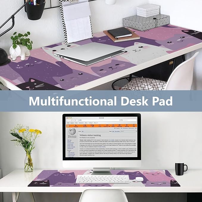 Mouse Pad Desk Mat Leather Desk Pad Large Gaming Desk Cover Protector Mat for Keyboard Computer Laptop Office Waterproof 35.4 x 16.5 Inch Pink and Purple Cats