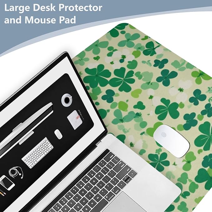Mouse Pad Desk Mat Leather Desk Pad Large Gaming Desk Cover Protector Mat for Keyboard Computer Laptop Office Waterproof 35.4 x 16.5 Inch Saint Patricks Green Clovers