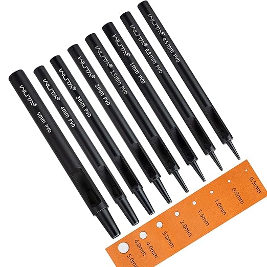 WUTA Leather Punches Round Hole Puncher Plating Titanium Hollow Punching Tool Working for Watch Band, Fabric, Plastic 1+1.5+2+3+4+5mm (6pcs)