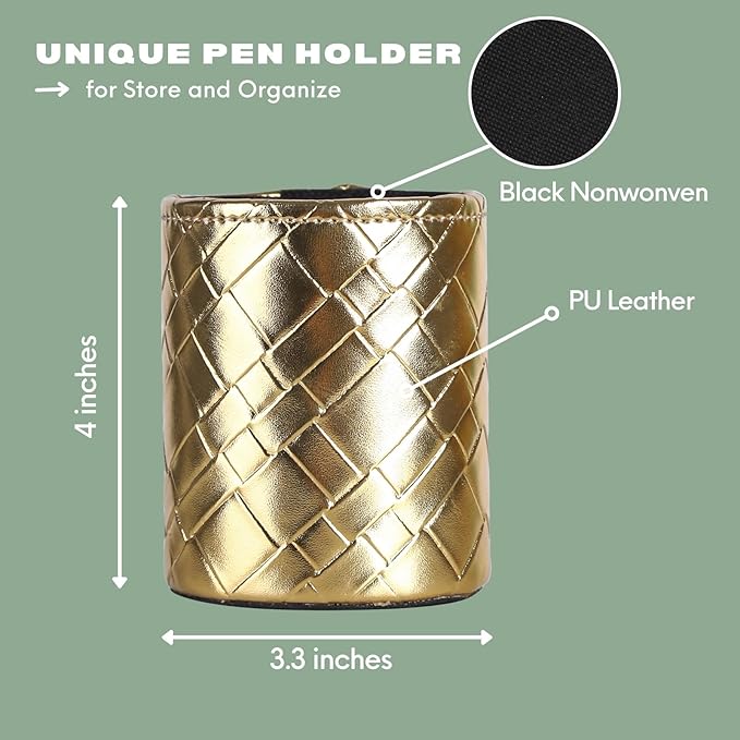 Pencil Cup, PU Leather Pen Desktop Organizer for Cosmetics Office Supplies, Makeup Brushes Organizer Gold Grid PH111