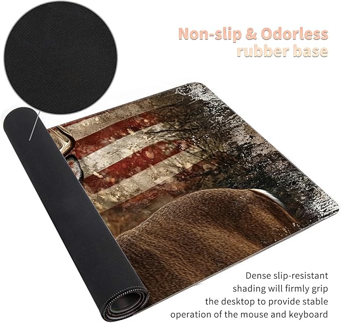 Desk Mat Large Gaming Mouse Pad (31.5x11.8 inch) with Stitched Edges, XL Mouse Pad +Coaster, Extended Mouse Mat Keybroad Mousepad Non-Slip Rubber for Gamer Men Women, Deer Retro American Flag