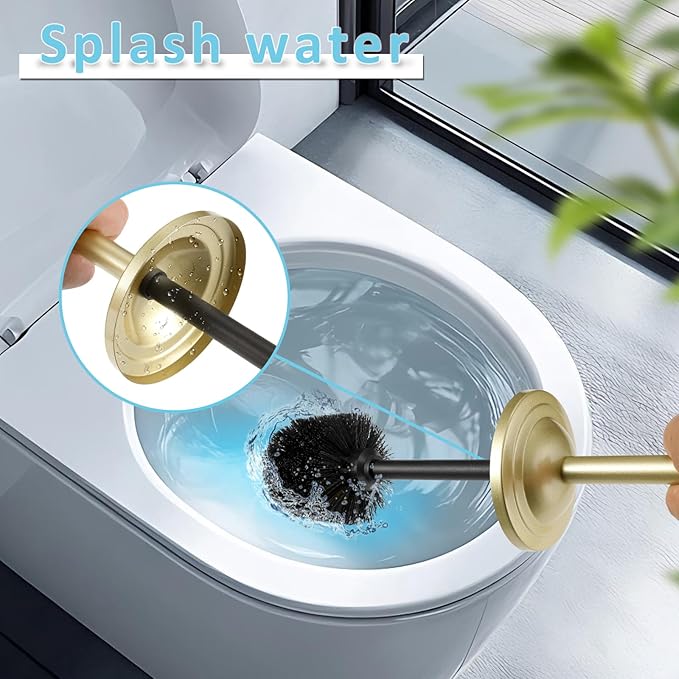 Gold Toilet Brush and Holder Set,304 Stainless Steel Toilet Bowl Brush and Holder for Bathroom,Heavy Duty Toilet Brush,Durable Scrubbing Bristles,Splash Resistant,Long Hanlde
