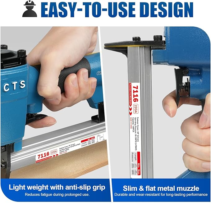 CTS 7116 Pneumatic Upholstery Staple Gun for 22 Gauge 71 Series 3/8" (9 mm) Crown 1/4" to 5/8" (6.0-16.0 mm) Length Staples, Air Stapler for Furniture and Interior Decoration