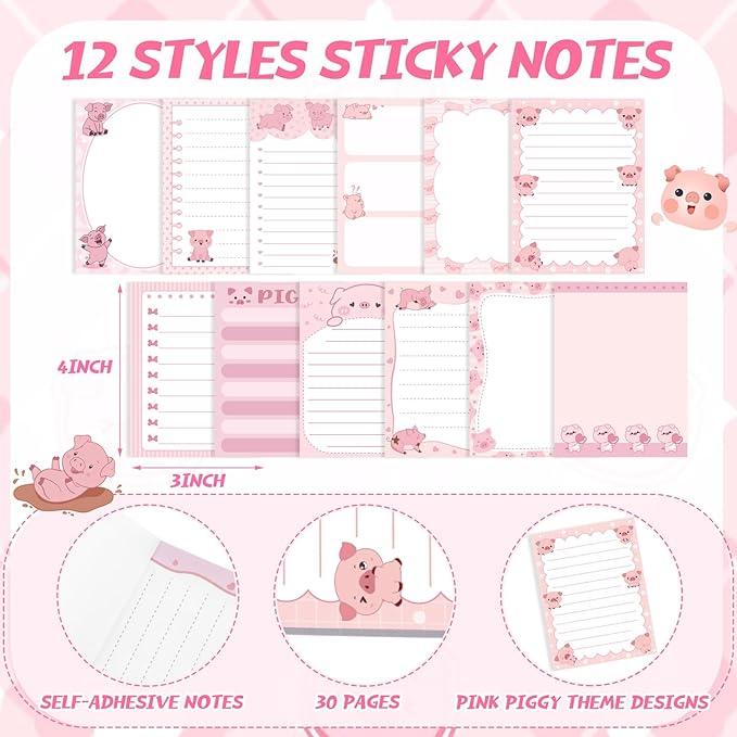 24 Pcs Piggy Sticky Notes with Pens Pink Pig Themed Gifts Self Adhesive Notepad Cute Memo Notes Pads Black Ink Ballpoint Pen for Pig Lover Gifts Office School Students Teacher Supplies