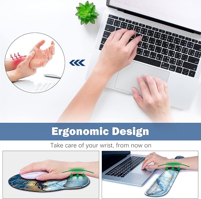 ARTSO Large Mouse Pad Ergonomic Keyboard Wrist Rest Support Set, Memory Foam Gel Wrist Pad, Extended Desk Mat Protector, Non-Slip Desk Blotter, Blue Marble