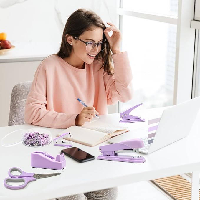 Sportsvoutdoors Purple Desk Accessories, Purple Office Supplies, Stapler and Tape Dispenser Set, Purple Desk Accessory Kit, Gift for Students, Women, Boss Lady, Office Clerks
