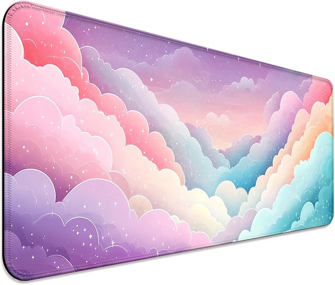 Dreamy Colorful Cloud and Star Gaming Desk Mat, Computer Keyboard Large Extended Long Girly Mouse Pad for Office and Home, XL (W08)