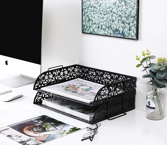 EasyPAG Paper Organizer for Desk 2 Tier Stackable Paper Tray for A4 Legal Size Folders Metal File Storage Desktop Organizer for Home Office School Teacher, Black