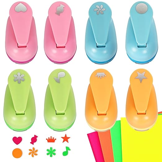 Craft Punches 8 Pack with 4 Sticker Paper, 0.6inch Hole Punch Shapes Medium Paper Punch Shapes, Craft Hole Punch for DIY Scrapbooking Nail Art Craft Punchers Supplies