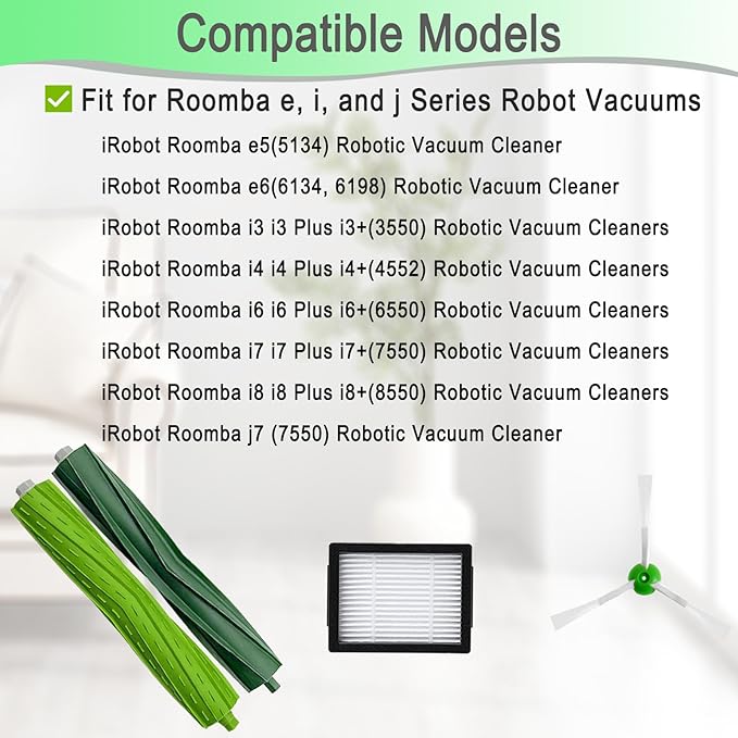 Replacement Parts for iRobot Roomba i3 i3+ i4 i4+ i5 i5+ i7 i7+ i8 i8+ j5 j5+ j7 E5 E6 E7 e, i, and j Series Robot Vacuums Replenishment Kit 2 Set Rubber Brushes,10 Vacuum Filters,10 Side Brushes