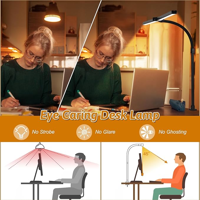 LED Desk Lamp for Office Dorm Home - Eye Caring Desk Light with Timer, Remote Control 24W 5 Color Brightest Dual Screen Computer Monitor Gooseneck Dimmable Table lamp with Anti-Glare Cover Clamp