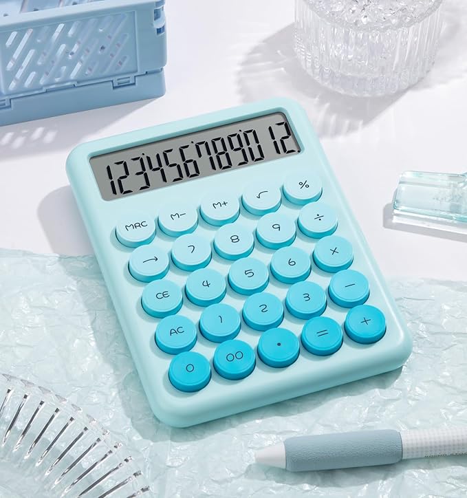 Desk Cute Blue Calculator with Big Buttons, Calculators Desktop, 12 Digit with Large LCD Display, Basic Standard Calculator,Mechanical Switch Aesthetic Calculators Office Supplies for Home and School