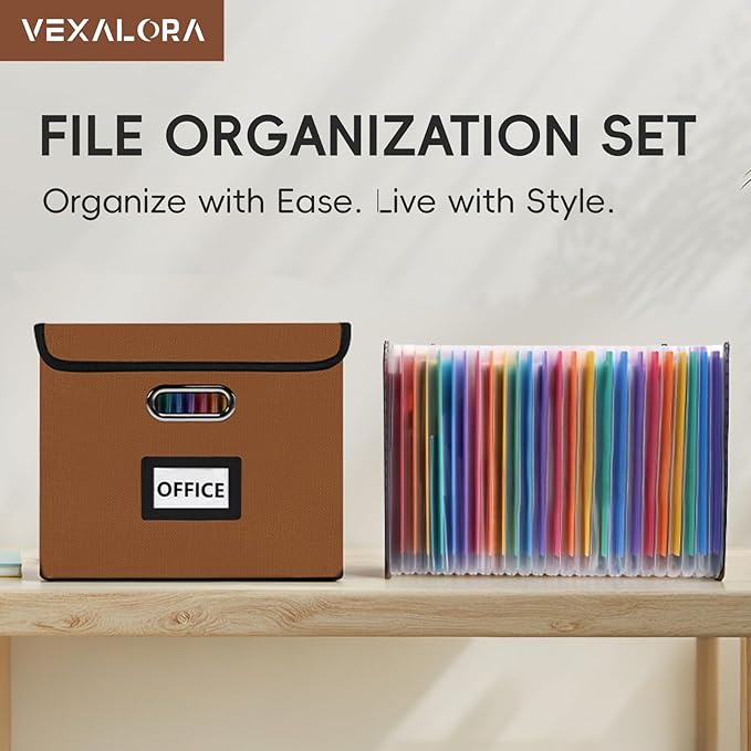 File Organizer Box with Folder, 25 Pockets Accordion File Organizer with Colored Labels, Upgraded & Portable File Folders for Home, Office, School, Brown