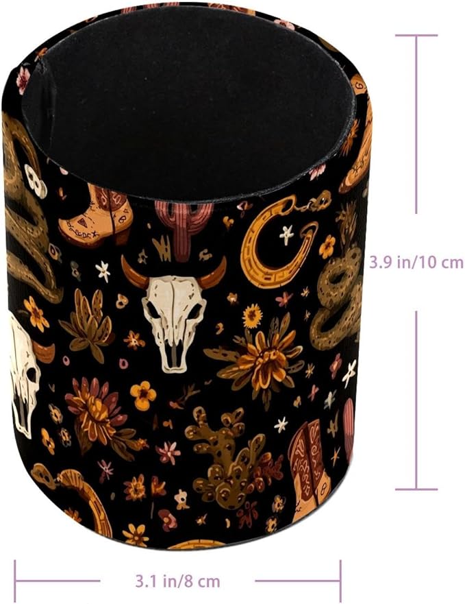 Western Boho Style Bull Skulls Pattern PVC Leather Circular Pencil Holder for Desk Organizer Stationery Holder for Office, School(3.9 x 3.1 Inches)