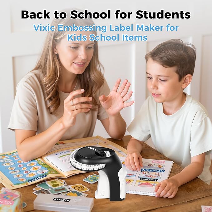 Vixic Embossing Label Maker, Manual Label Maker Emboss, Vintage Embossed Label Makers Machine with Tapes, Old School Labeler with 5 Rolls 3D Black Tapes for Home DIY & Crafting Kids School Items