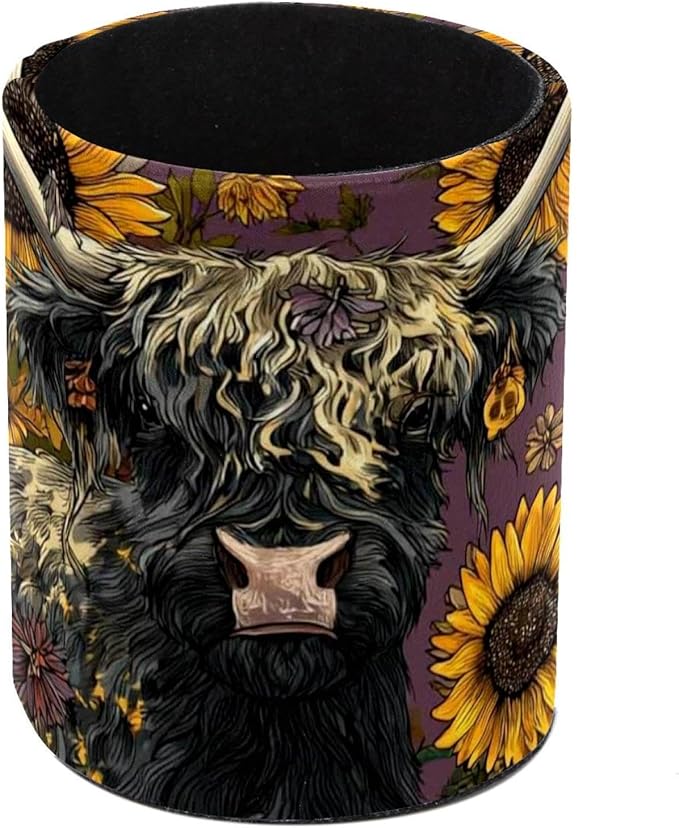 1 Pack Watercolor Sunflower Yak Circular Pen & Pencil Holder - Durable PU Leather Pencil Cup, Desk Accessories Organizer for Office Desk School Home