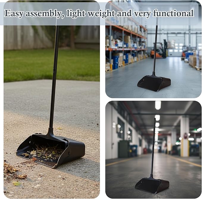 Primero Basics Pivoting Upright Dust Pan with Long Handle and Wheels, Large Capacity, Heavy Duty Commercial Dustpan for Indoor Outdoor, Standing Dust Pan for Home and Restaurant Cleaning, Black