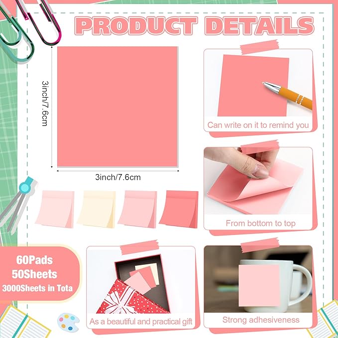 Fainne 60 Pack Sticky Notes Bulk Back to School Supplies Self Stick Note Pads Paper Memo for Office First Day of School Student Teacher Essentials (3x3 Inch,Pink)