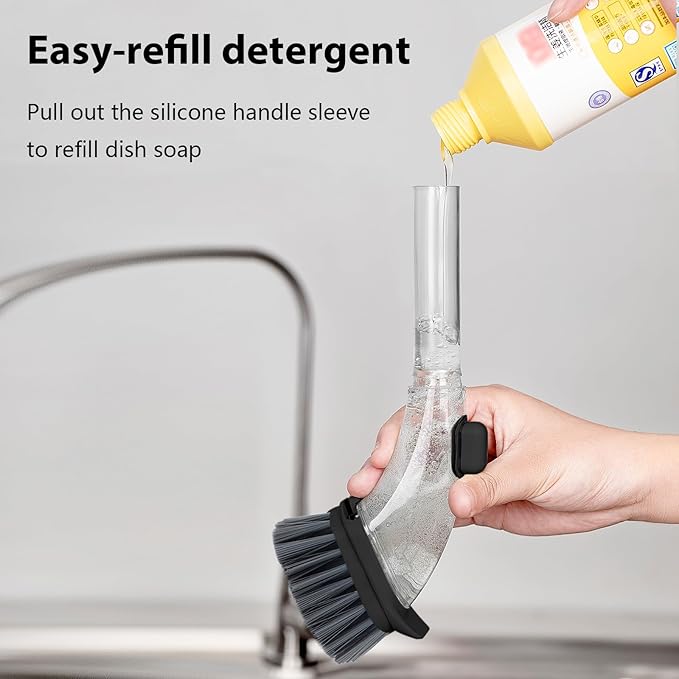 DAPOWER Soap Dispensing Dish Brush with Handle, Kitchen Scrub Brush for Dishes Pots Pans Sink Cleaning (Black)