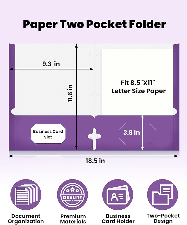SUNEE Folders with Pockets 3 Hole Punched(50 Pack, Purple), 2 Pocket Folders Fit Letter Size Paper, Paper File Folder for School Office Home Business
