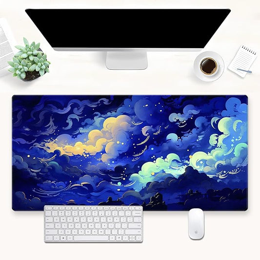 XL Gaming Desk Pad Kawaii Dark Blue Clouds Design, Non-Slip Surface & Stitched Edges, 31.5x15.7 in - Cute Aesthetic for Office or Gaming Setup
