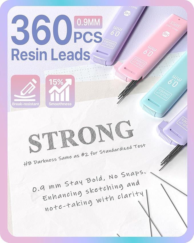 Four Candies Cute Mechanical Pencils 0.9 mm, Pencil Set with 360PCS Lead Refills & Pastel Erasers, School Supplies with Case