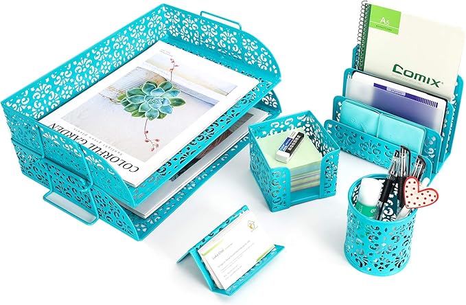 EasyPAG 5-Piece Desk Organizer Set with Carved Floral Design - No Assembly Stackable 2-Tier File Tray, Letter Sorter, Pen & Card Holders for Office/Home/Dorm, Dark Teal
