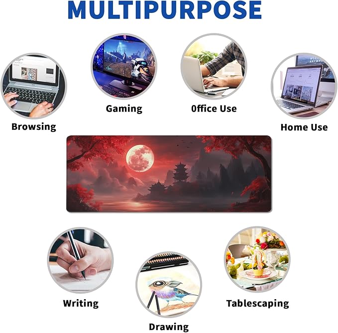 Red Landscape Mouse Pad Abstract Red Mouse Pad 31.5x11.8 Inch Landscape Texture Non-Slip Rubber Base Large Mousepad Stitched Edges Keyboard Mouse Mat Desk Pad for Office and Home