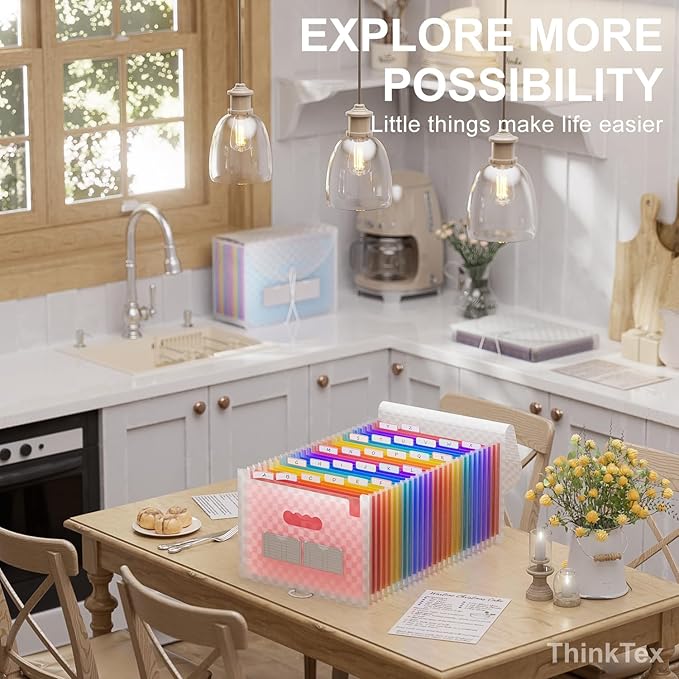 ThinkTex Accordion File Organizer, 26 Pockets Expanding File Folders, Monthly Bill Receipt Documents Organizer, A-Z Colorful Tabs, Letter/A4 Size - Pink