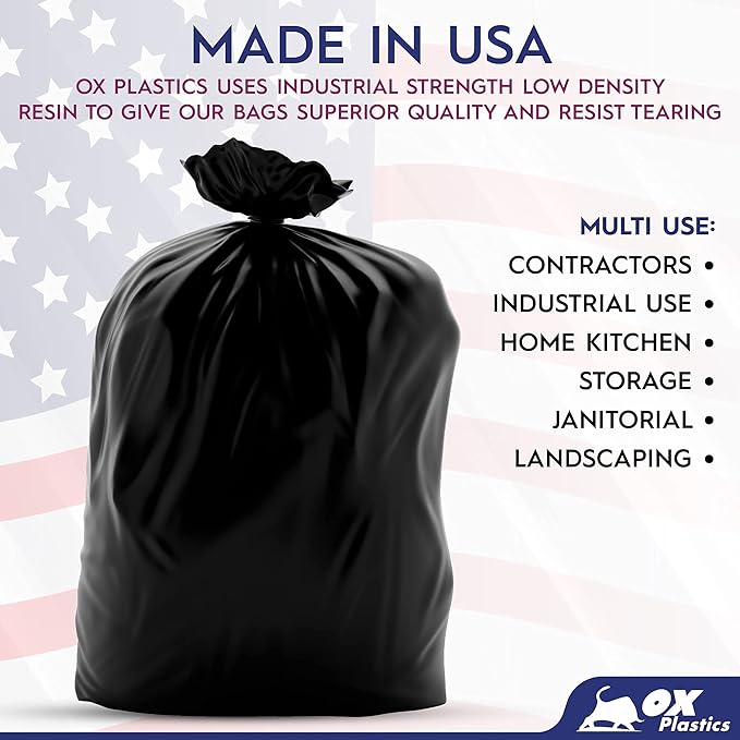 55 Gallon Trash Bags Heavy Duty – Large Black Contractor Bags 36x52" – Industrial, Yard Waste, Lawn & Leaf, Construction Garbage Can Liners – Made in USA (3 Mil, 25 Count)