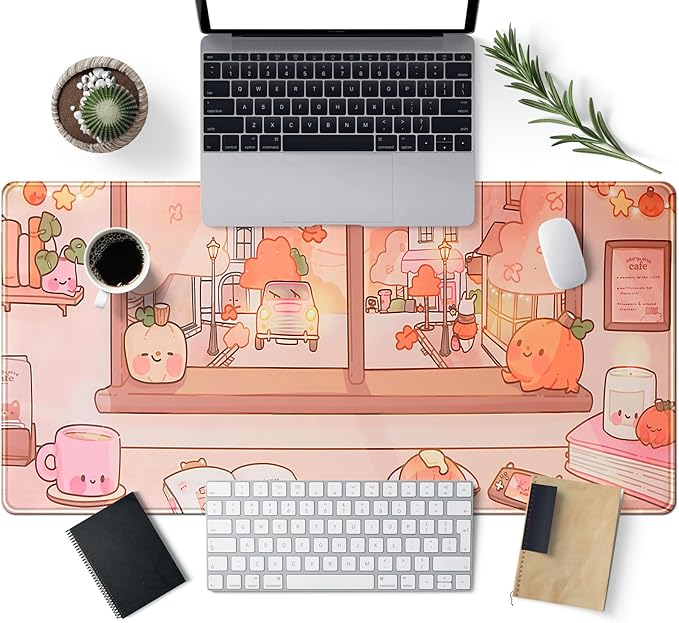 Cute Anime Desk Mat Large Kawaii Mouse Pad Coffee Shop Gaming Mousepad XXL Extended Autumn Pumpkin Themed Desk Pad Computer Laptop Keyboard Mouse Mat Desk Decor 31.5x15.7 in