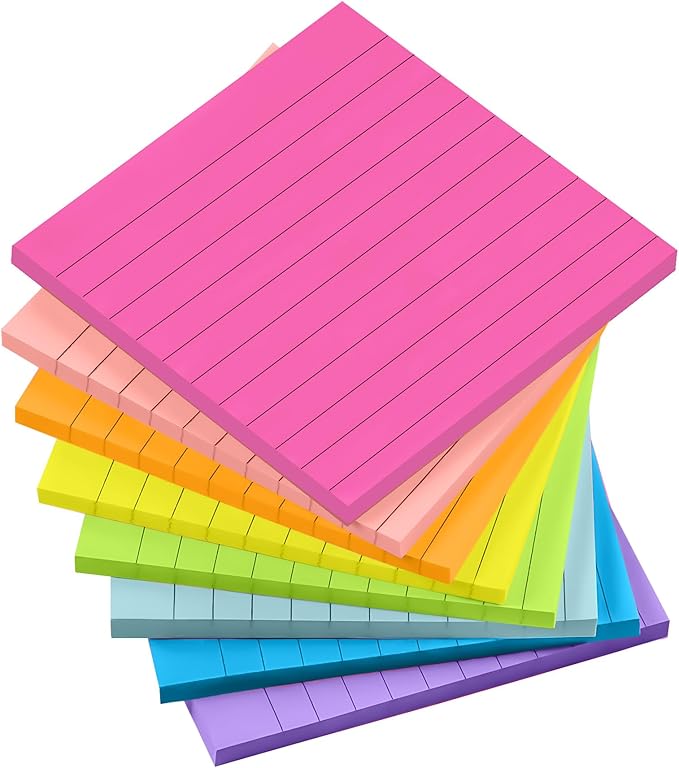 Lined Sticky Notes, 8 Pads 4x4 Sticky Notes Self-Stick Note Pad Its Bright Post Colorful Stickies for Office Home School Meeting