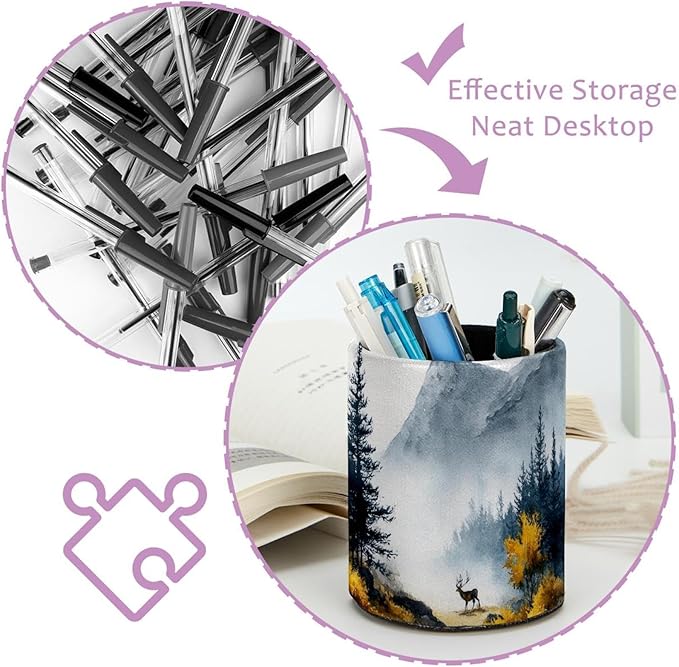 Watercolor Mountain Deer Circular Pen Holder, Pen Cup Makeup Brush Holder, Design for School, Home and Stationary Supplies (3.9 x 3.1 Inches)