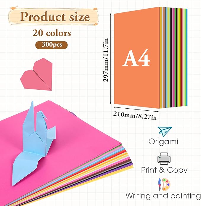 Color Copy & Print Paper 8.3"x11.7" 300 Sheets 20 Colors Rainbow Printer Paper Pastel Color Multipurpose Papers Portable Colored Copy Papers for DIY Cut Art Craft Office School Print Copys Document