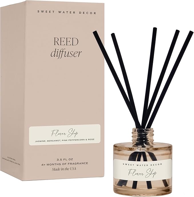 Sweet Water Decor Flower Shop Reed Diffuser – Room Decor Aesthetic with Long-Lasting Premium Fragrance of Bergamot Rind, Orange Blossom, Ylang Ylang, and Jasmine for 4 Months – Ideal for Home Decor