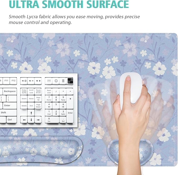 Large Mouse pad,4 in 1 Extended Keyboard Desk Mat with Wrist Rest,Non-Slip Desk Pad Protector Easy Typing Pain Relief for Home Office (Light Purple Flower)