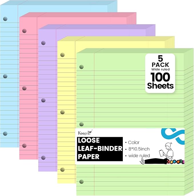 Koogel 5-Color Loose Leaf Paper, 500 Sheets Wide Ruled, 8 x 10.5 Inch, 3-Hole Punched for 3-Ring Binders, Perfect Notebook Paper Filler for Note-Taking, Ideal for Back to School Student & Professional
