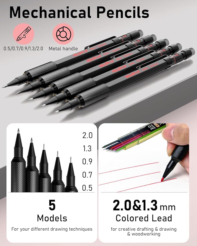 Nicpro 35PCS Art Mechanical Pencil Set, Metal Drafting Pencil 0.5, 0.7, 0.9,1.3 mm & 2mm with 21 Tube Lead Refills(6B 4B 2B HB 2H 4H Colors) Weatherproof Barrel for Outdoor Writing Drawing Sketching