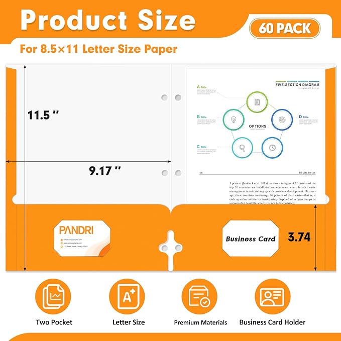 Two Pocket Portfolio Folders, PANDRI 60 Pack 3 Hole Punched 2 Pocket Folders for 3 Ring Binder, Letter Size Paper File Folder for School Office Home Business, Orange