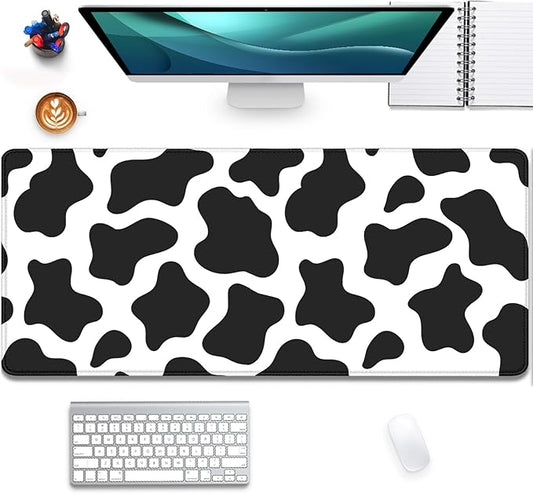Cow Print Desktop Mouse Pad,Desk Mouse Mat with Non-Slip Stitched Edges,Desk Pad Mouse Pad for Laptop PC,Keyboard Mouse Mat Desk Pad for Home Work Office(27.5X11.8 in)