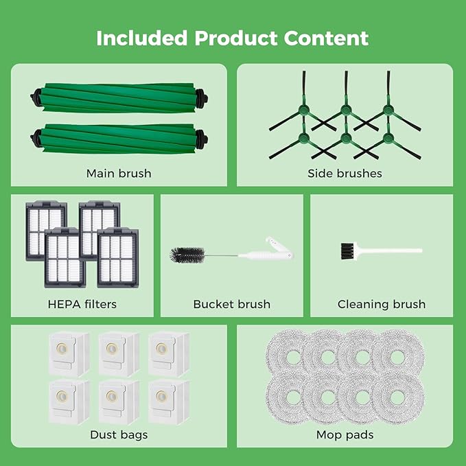 28PCS Accessories for iRobot Roomba Plus 405/505/507 Combo Robot Vacuum Cleaner, Parts Contents 2 Roller Brushes, 6 Side Brushes, 6 Dust Bags, 4 HEPA Filters, 8 Mop Pads, 1 Cleaning Brush