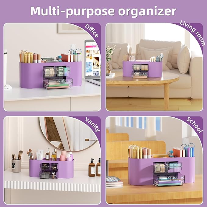 Marbrasse Pen Holder for Desk with 3 Drawers, Multi-Functional Pencil Holder, Desk Organizers and Accessories with 7 Compartments for Home, School, Classroom (Purple)