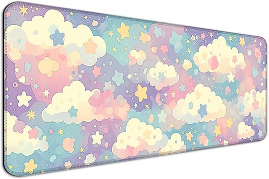 Cute Colorful Cloud and Star Desk Mat, Watercolor Pink Extended Large Gaming Mouse Pad, Computer Keyboard Laptop Girl Kawaii Mousepad for Work, Game, Office and Home, XL
