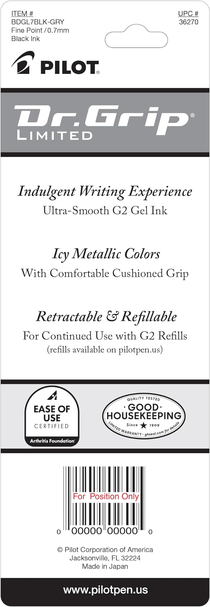 PILOT Dr. Grip Limited Refillable & Retractable Gel Ink Rollerball Pen, Fine Point, Black, Single Pen - Ideal for School, Journaling & Office Writing