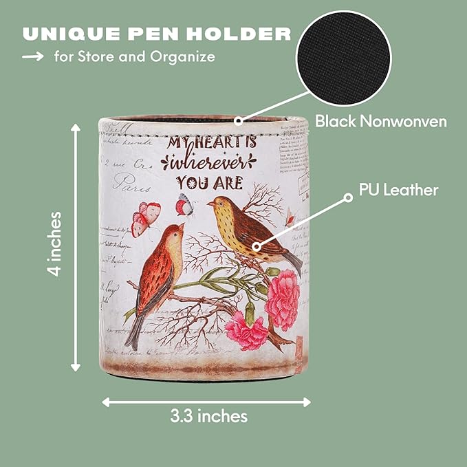 Pen Organizer for Desk, PU Leather Cute Pen Holder for Cosmetics Office Supplies, Gifts for Mom Wife Grandma, Love Birds PH83