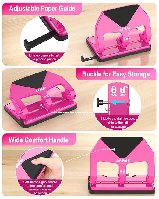 AFMAT HP20 Heavy Duty 3 Hole Punch, 60% Reduced Effort, 50-Sheet 3 Hole Puncher for Binder, 10,000+ Uses, Metal Three Hole Punch for Home Office School, w/Large Chip Tray, Paper Guide