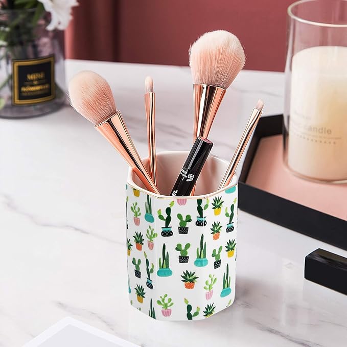 Pen Holder, Makeup Brush Holder Ceramic Shiny Gold Tropical Cactus Green Succulents Pattern Pencil Cup for Girls Kids Women Durable Stand Desk Organizer Storage Gift for Office, Classroom, Home