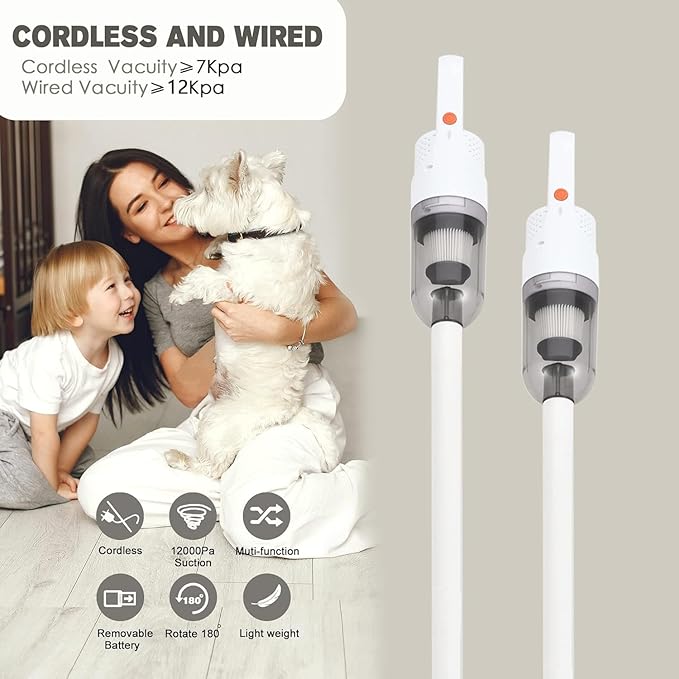 SIPPON 6-in-1 Lightweight Stick Vacuum Cleaner with 100W Powerful Motor, Mini Portable Household Handheld Vacuum Cleaner for Domestic Hard Floors, Carpets and Pet Hair (White Cordless Without Plug)